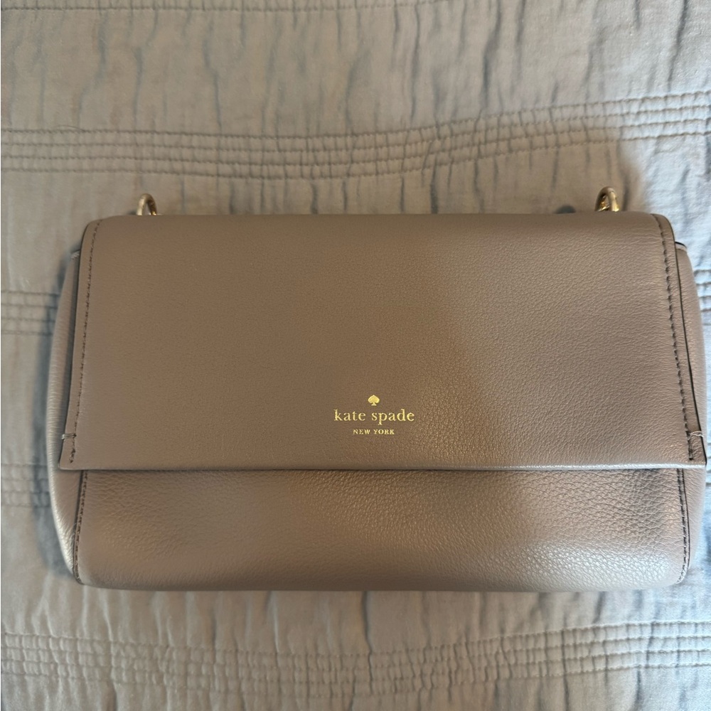 kate spade taupe leather flap crossbody with gold logo